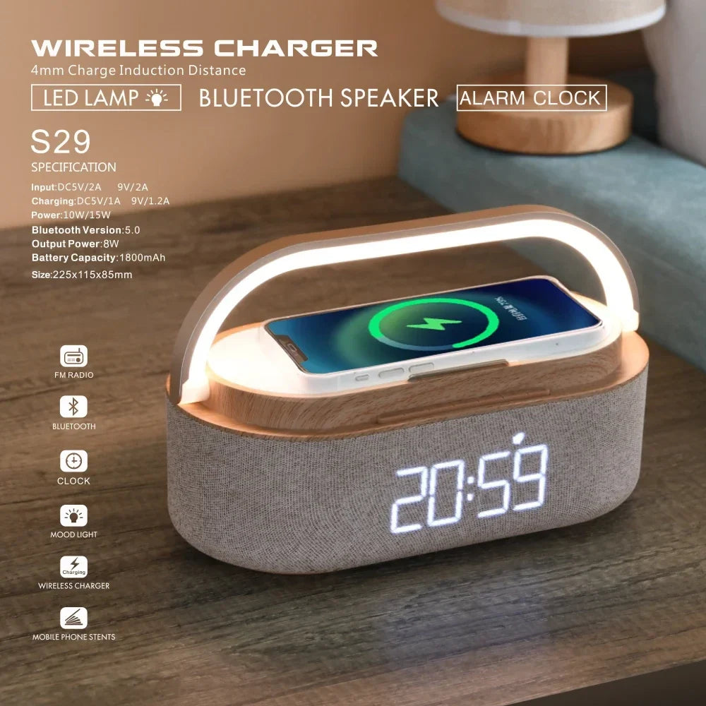 Bluetooth Speaker with Wireless Charging & Alarm Clock